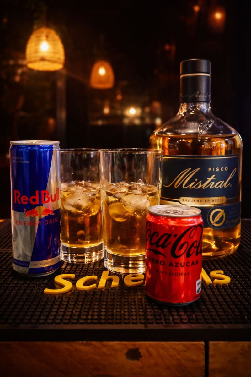 2 Cortos Pisco Mistral 35º + 1 Bebida + 1 Red Bull