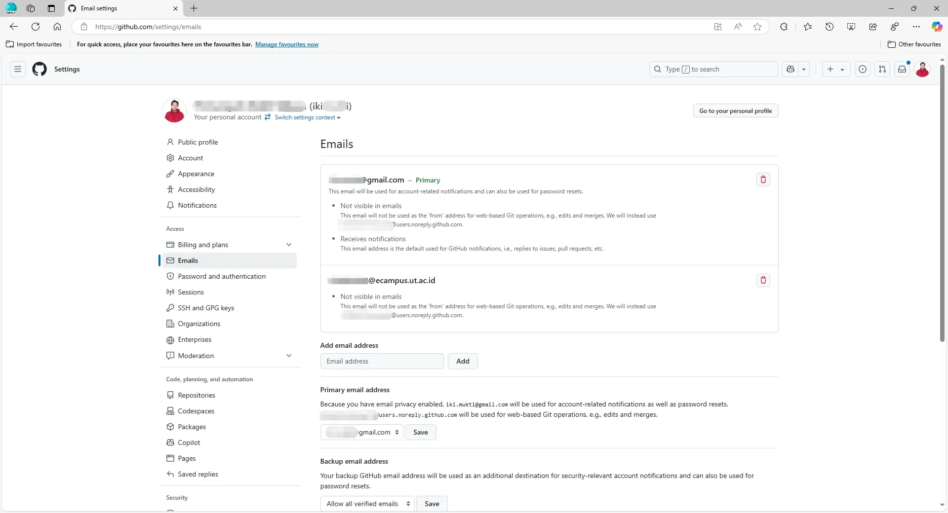 Gambar 2: Menambahkan email mahasiswa UT di pengaturan akun GitHub