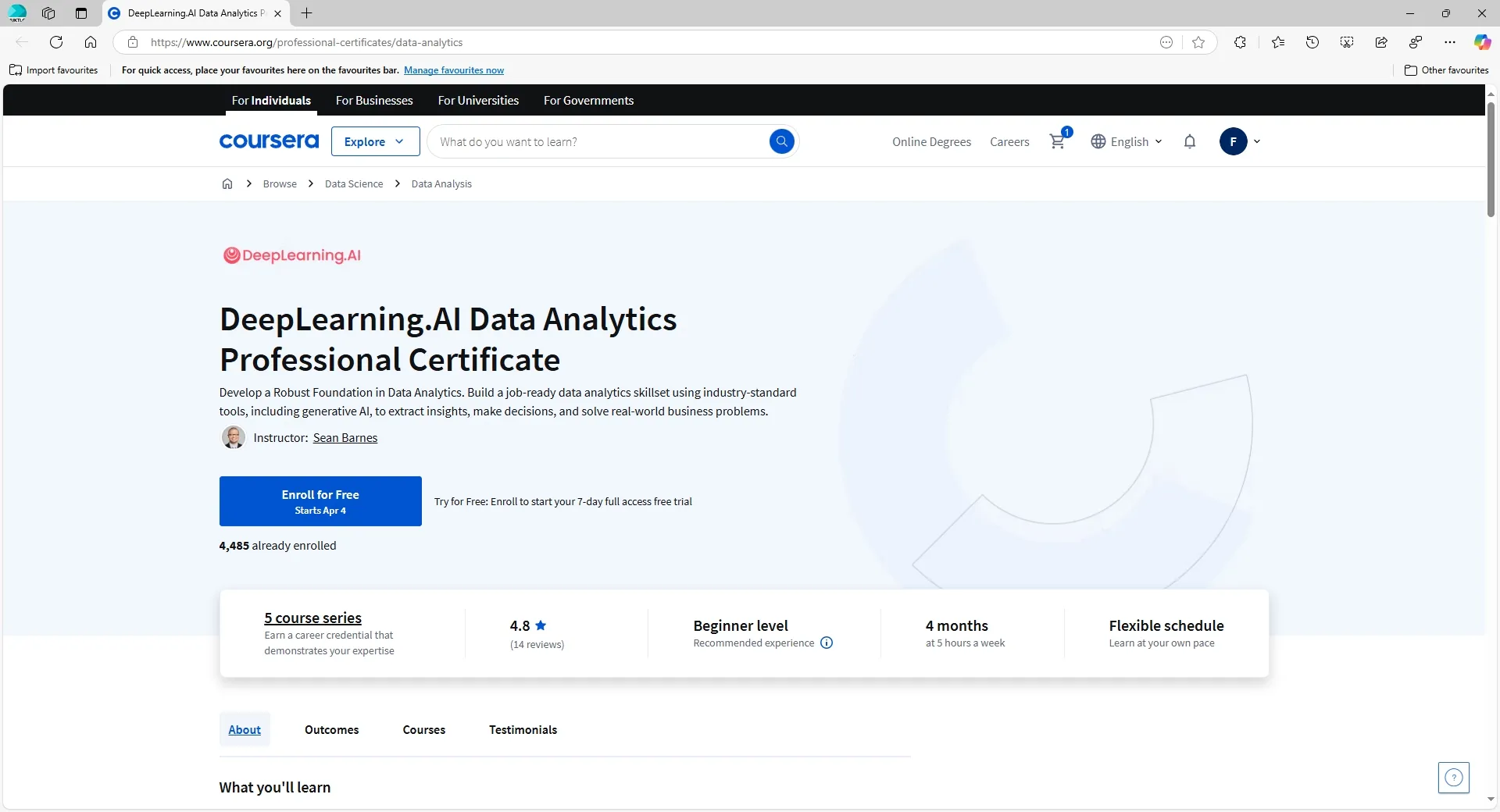 Gambar 1.1: Buka Halaman kursus *Data Analytics Foundations* di Coursera