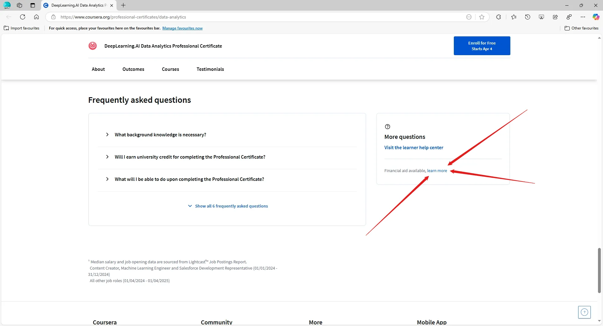 Gambar 1.2: Halaman kursus *Data Analytics Foundations* di Coursera, terdapat tombol "Financial aid available, learn more" di dekat tombol Visit the learner help center