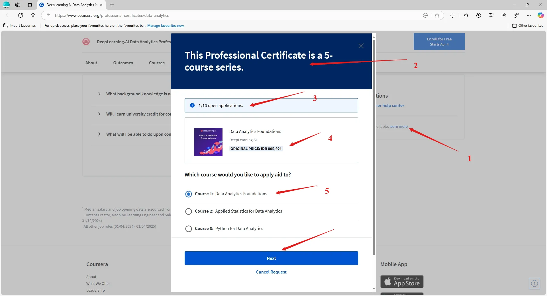 Gambar 1.2: Halaman kursus *This Professional Certificate is a 5-course series.* di Coursera, terdapat tombol "Next" pilih setelah memilih couser yang dipilih *Course 1: Data Analytics Foundations*