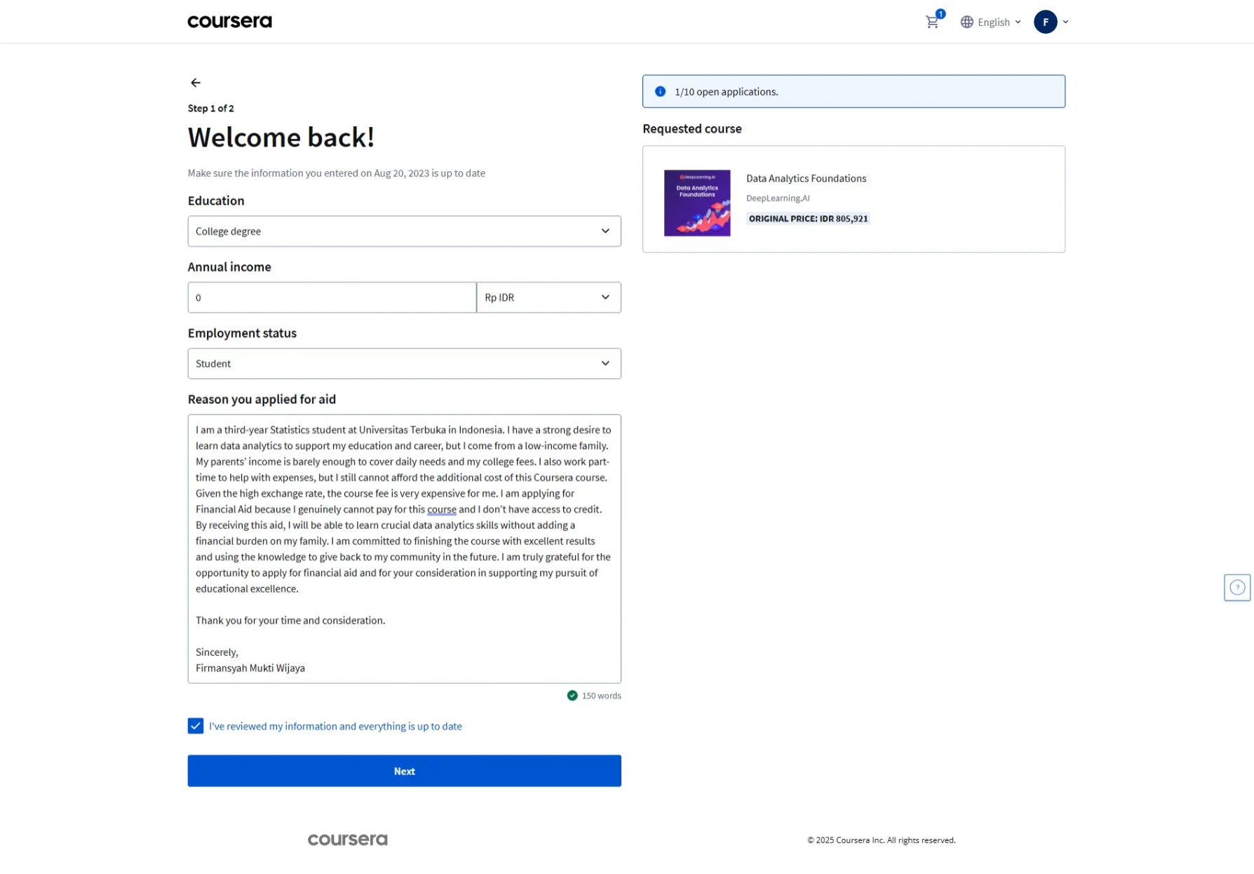 Gambar 3: Contoh formulir Financial Aid Coursera - bagian Background Information dengan pertanyaan untuk *Reason you applied for aid*