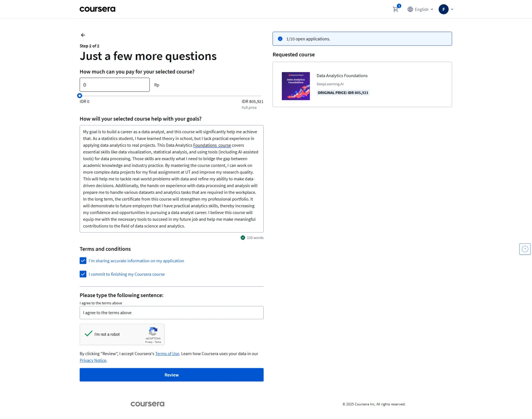 Gambar 3: Contoh formulir Financial Aid Coursera - bagian Background Information dengan pertanyaan untuk *How this course will help with your goals
