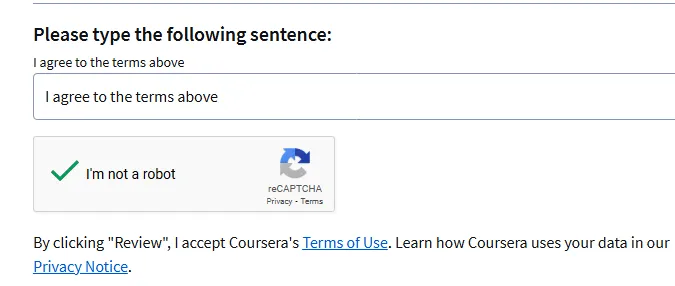 Gambar 4: Formulir persetujuan Honor Code Coursera, pengguna harus mencentang kotak dan mengetik 'I agree to the terms above'