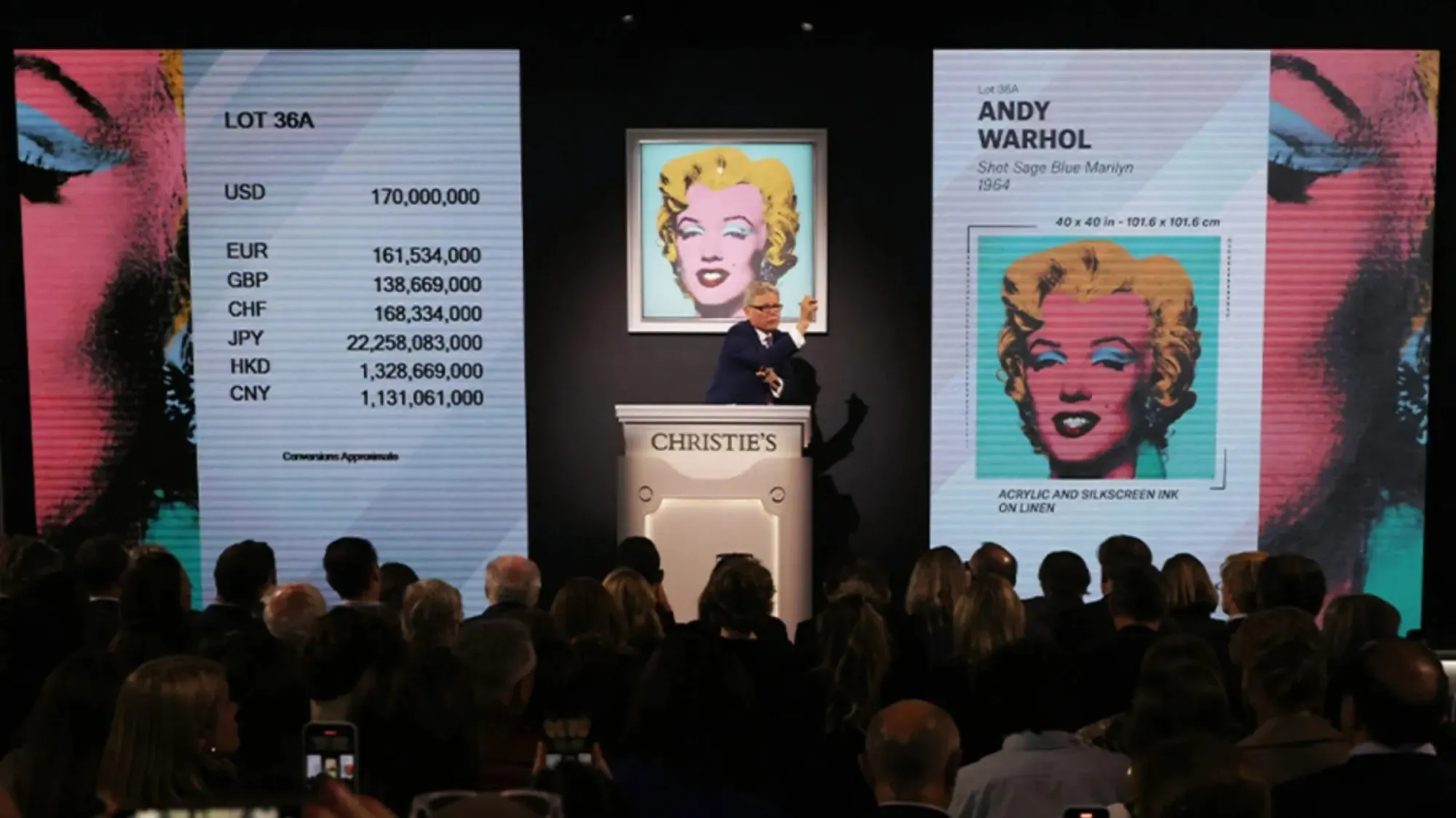Aukción a New York-i Christie’s árverezőházban Andy Warhol ikonikus Marilyn Monroe sorozatán legdrágább változata (Lila kék Marilyn felvétel), ami közel 200 millió dollárért kelt el 2022-ben