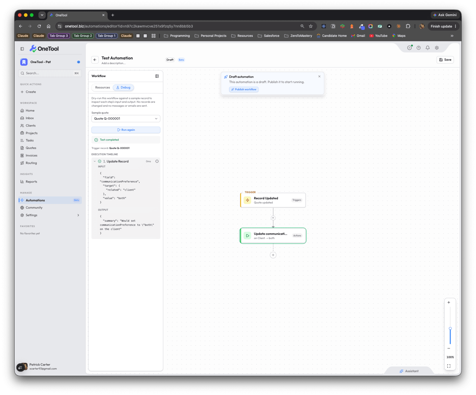 A test run's execution timeline in the Debug tab