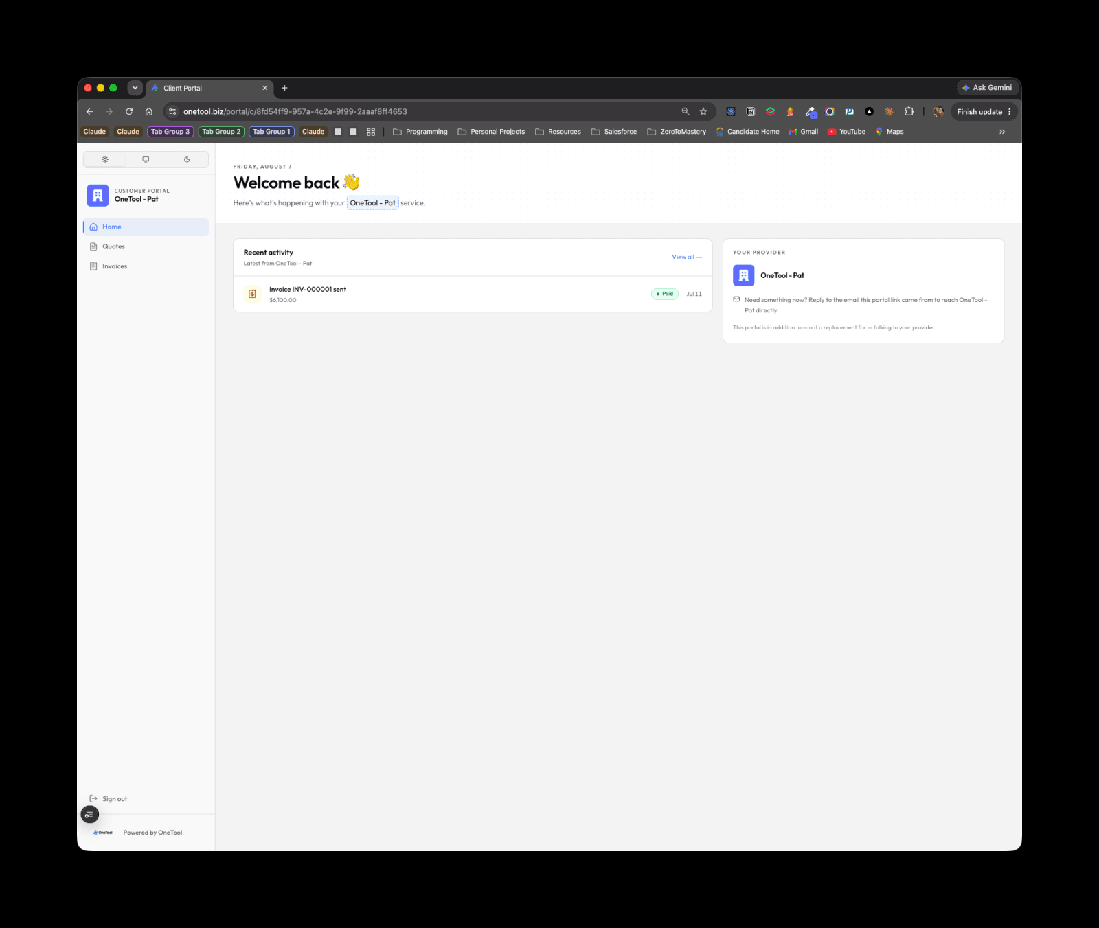 The client portal Home page