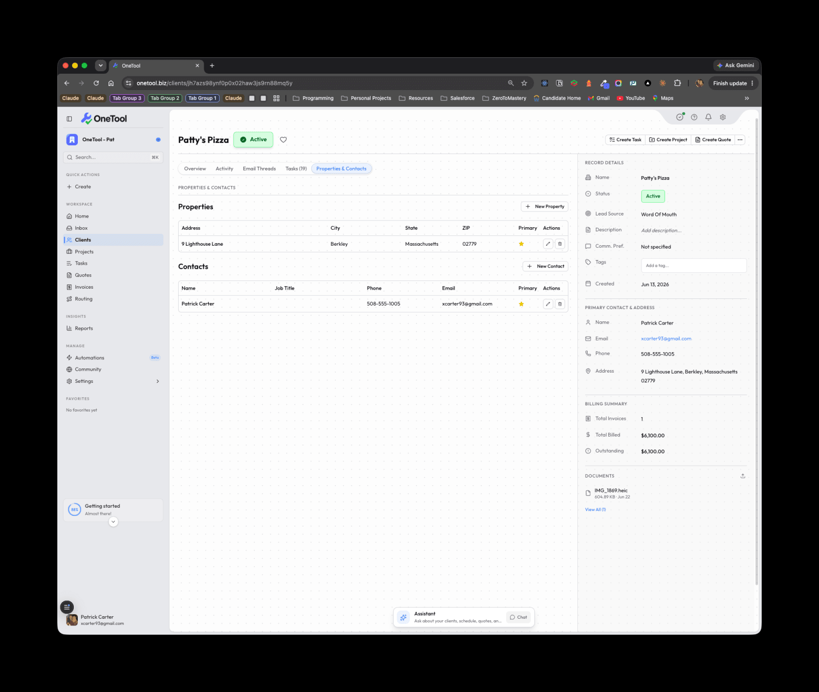 The Properties & Contacts tab on a client record