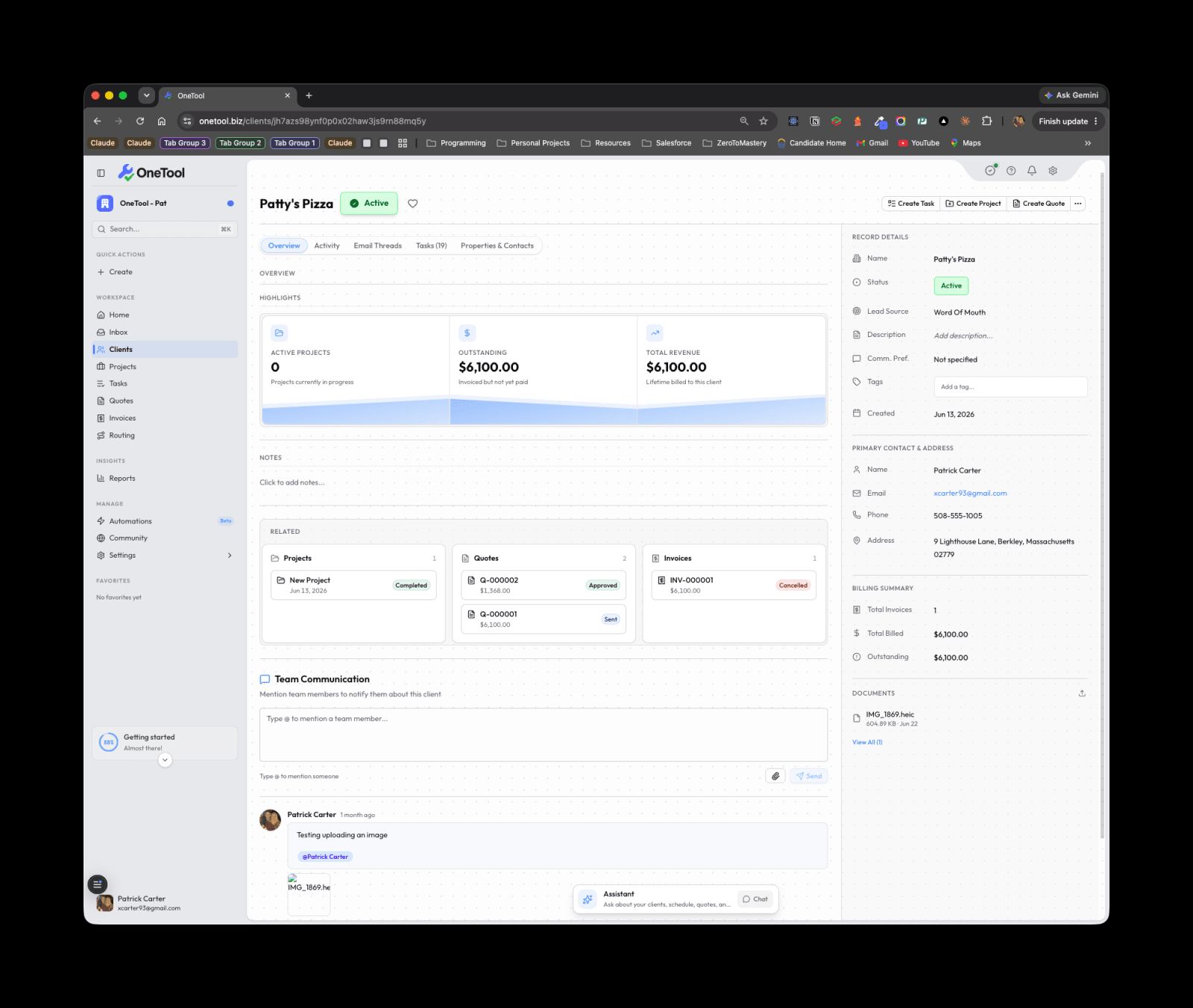 A client detail page with the Overview tab open