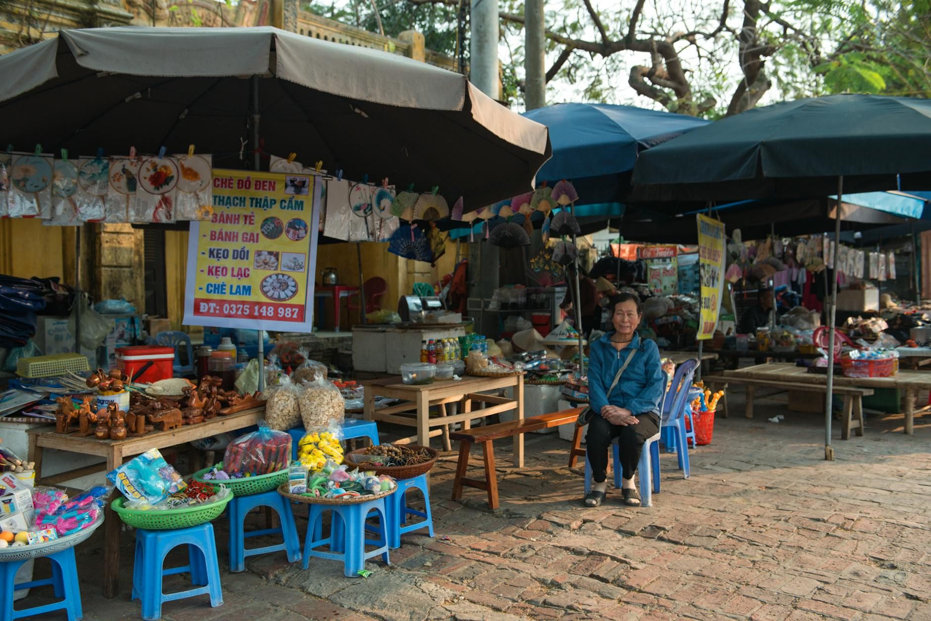 Explore a bustling street market in Hanoi, Vietnam with a variety of goods and a friendly vendor.