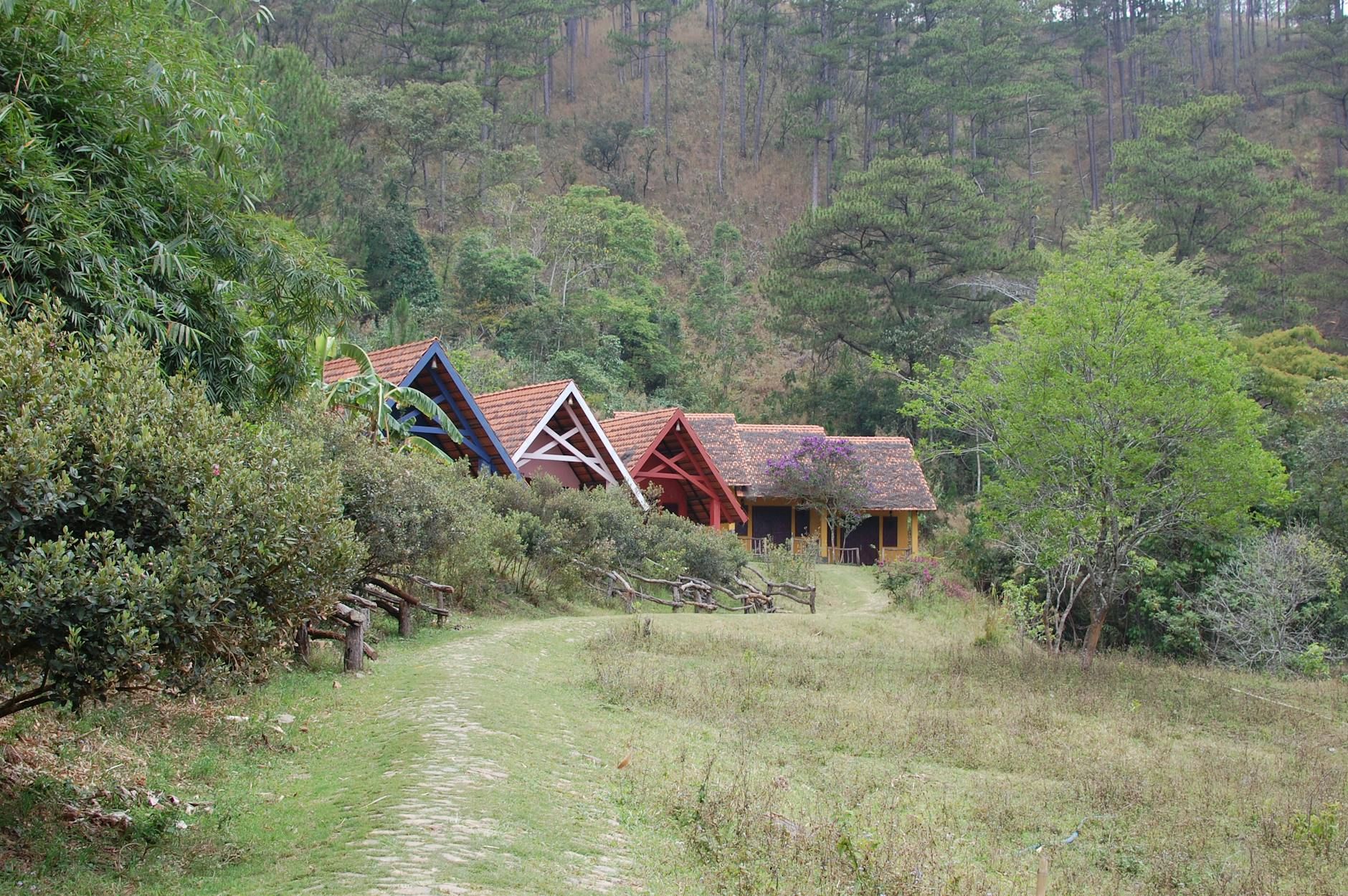 Picturesque village cottages nestled in the vibrant countryside of Vietnam with lush greenery.