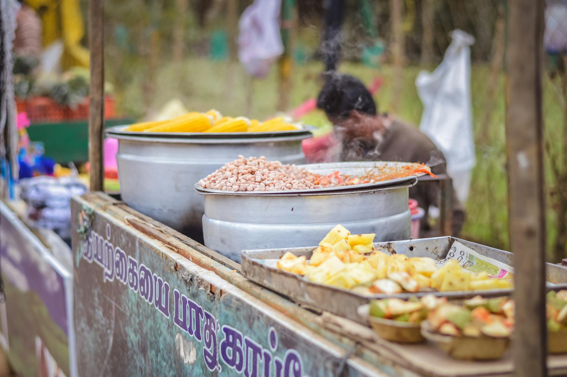 Vibrant street food stall in India showcasing steaming hot dishes, perfect for travel photography.
