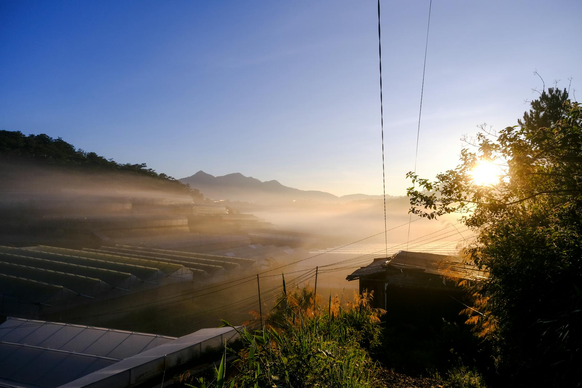 Gorgeous sunrise with mist over greenhouses and mountains in Dalat, Vietnam.