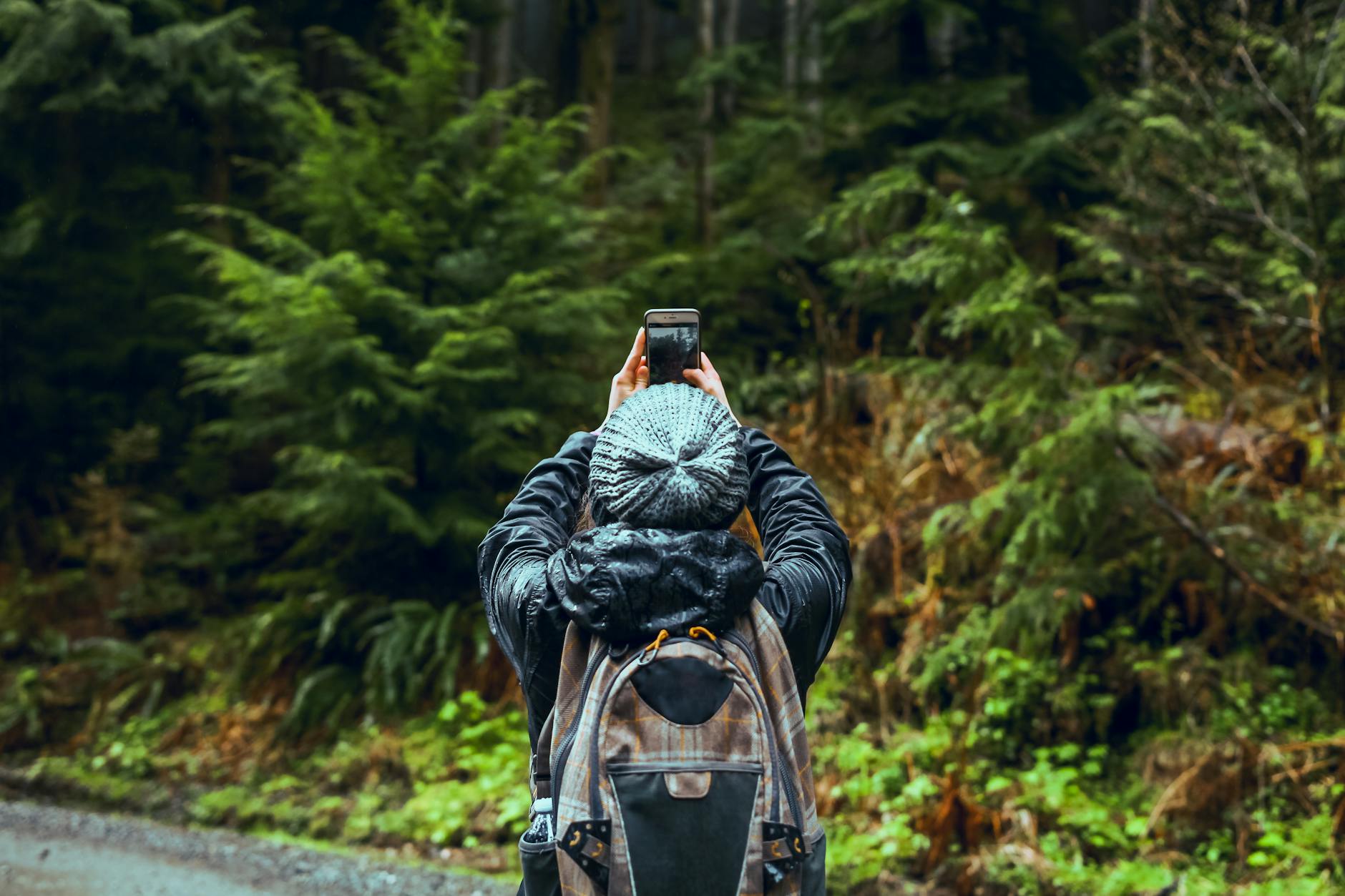 A backpacker photographs the lush green forest landscape during a daytime hike.