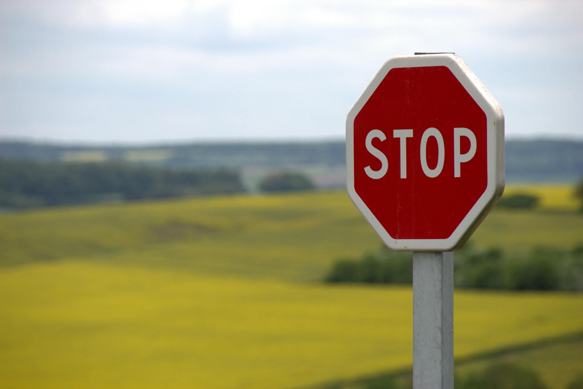 A stop sign stands alone against a rural landscape in Schweyen, France.