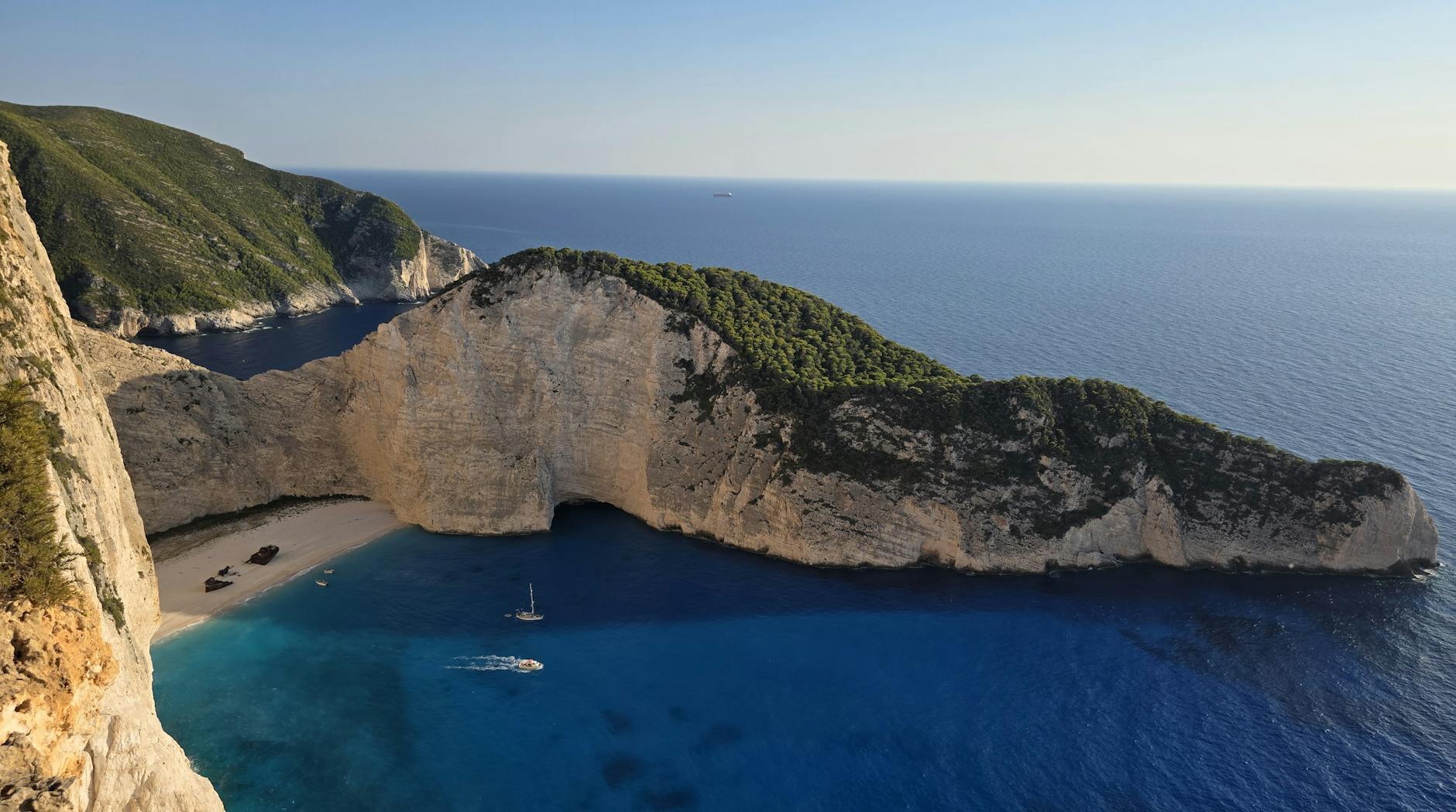 A stunning aerial view of Navagio Beach, also known as Shipwreck Beach, on Zakynthos Island, Greece.