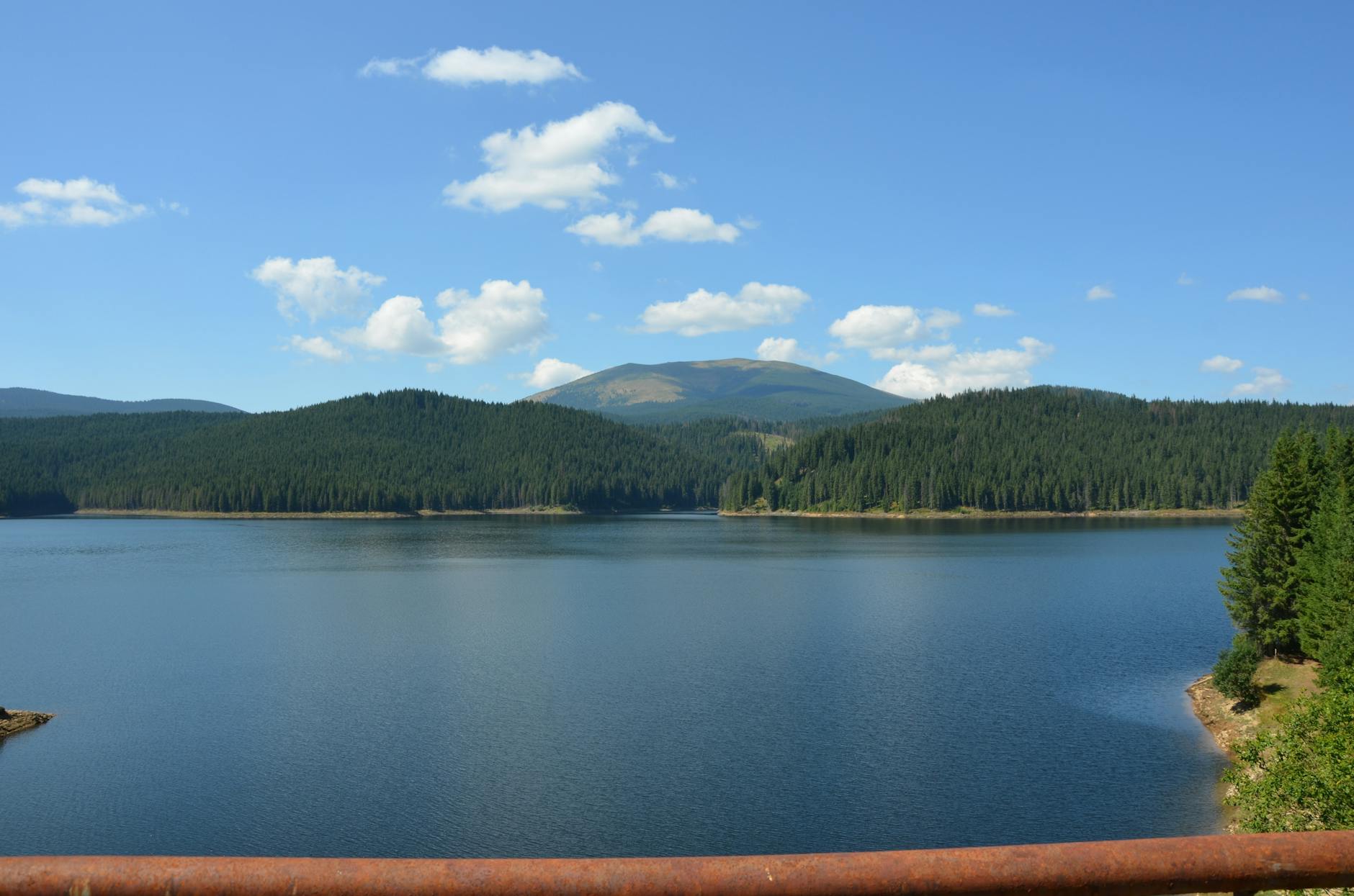 Serene mountain lake surrounded by lush pine forests under a clear blue sky.
