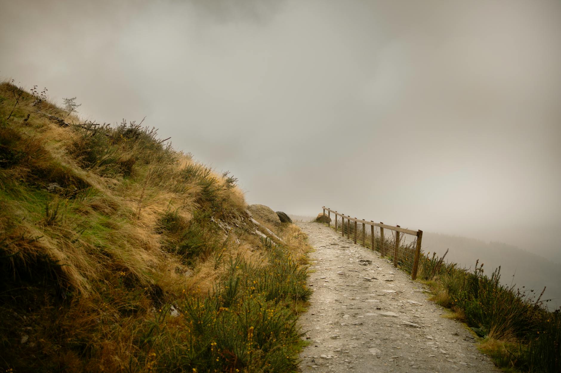 Misty mountain trail with rugged terrain and wooden fencing, creating a mysterious atmosphere.