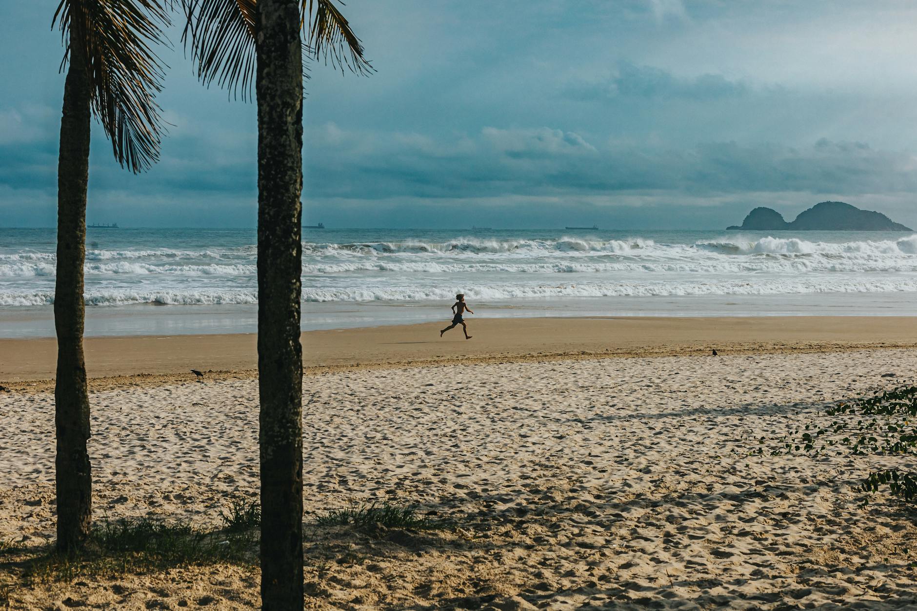 A lone runner enjoys a morning jog on a tranquil beach with ocean waves and palm trees.