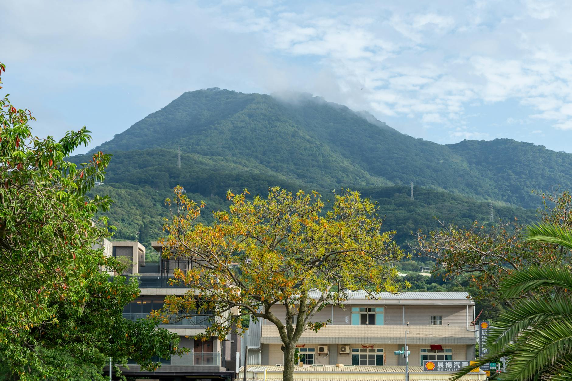Picturesque village with mountains and trees in a serene rural setting under a clear sky.