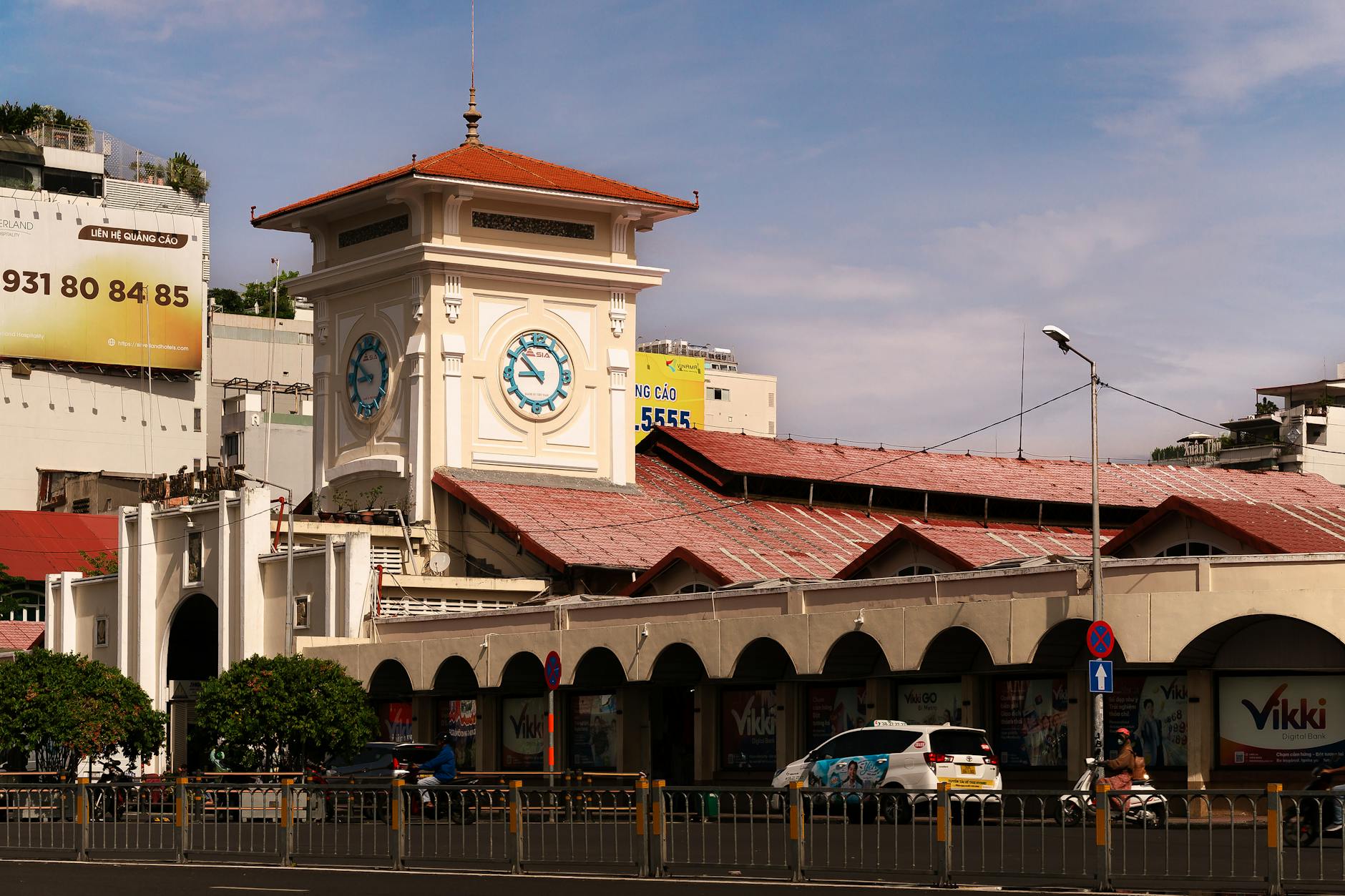View of the iconic Ben Thanh Market tower, a symbol of Ho Chi Minh City, Vietnam.