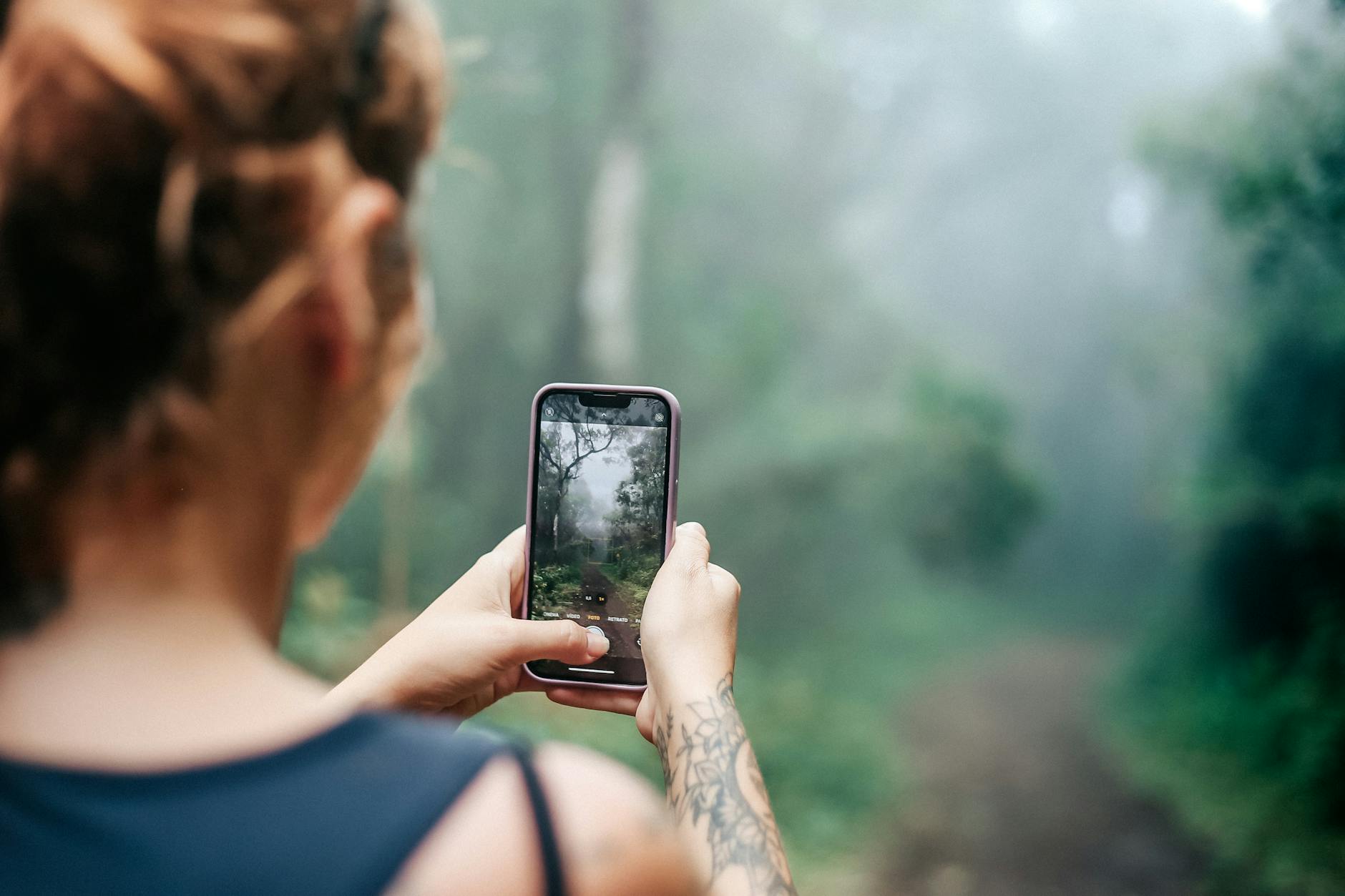 A person photographing a misty trail in Minas Gerais, Brazil's lush forest.