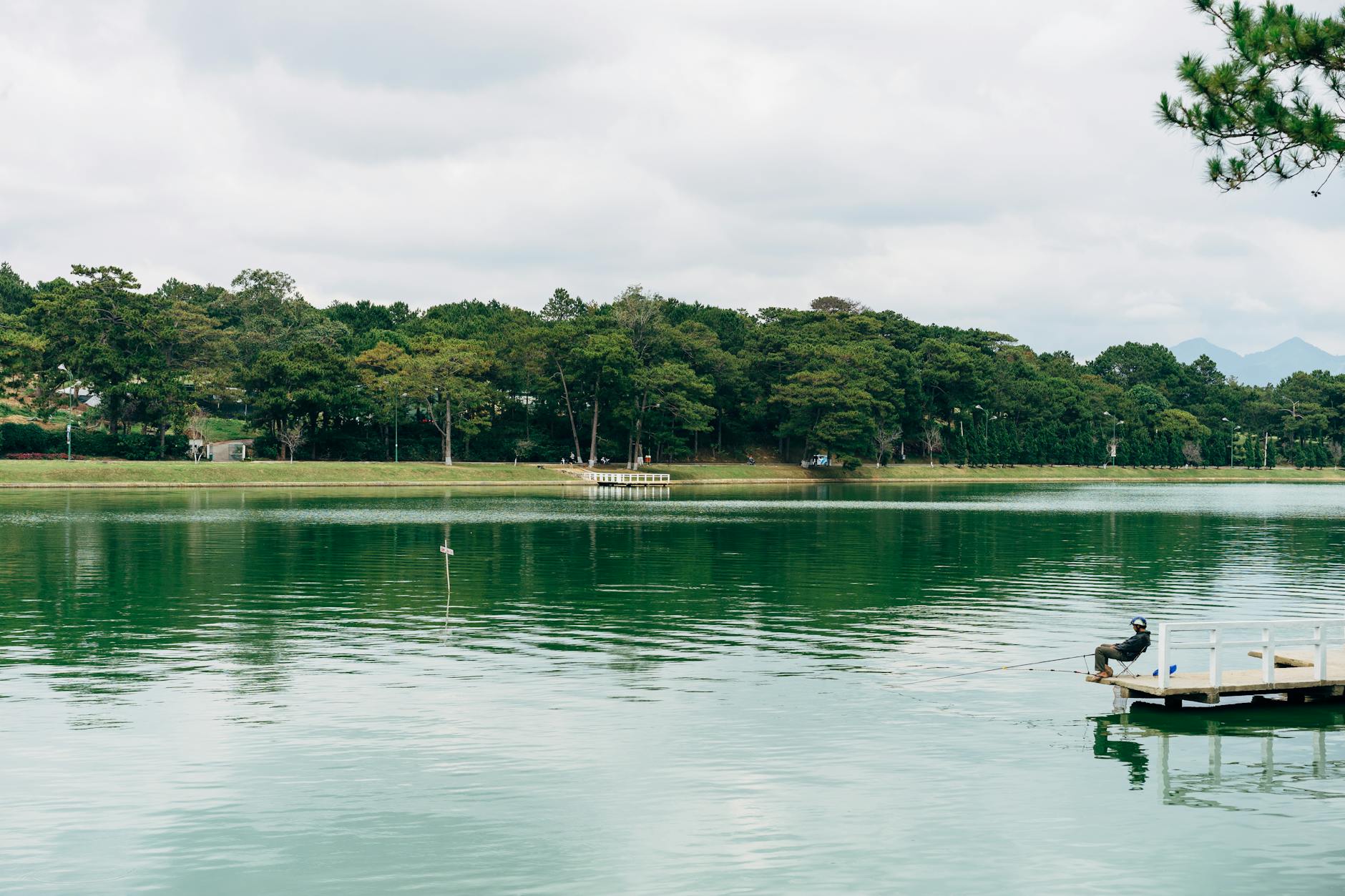 A serene scene of a person fishing on a wooden dock at a lake in Đà Lạt, Vietnam.
