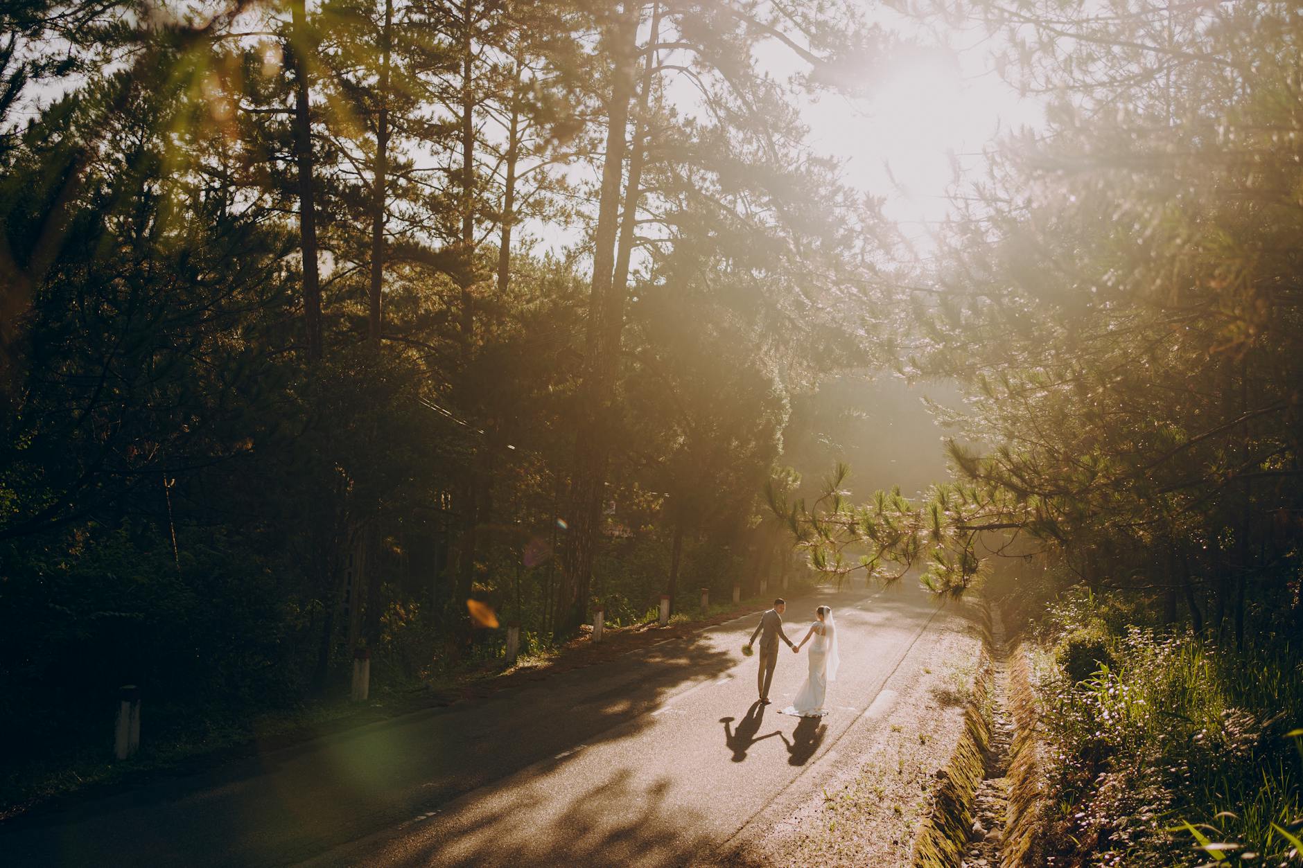 From above of unrecognizable newlywed couple holding hands while strolling along asphalt road among green trees in summertime in countryside during celebration of event