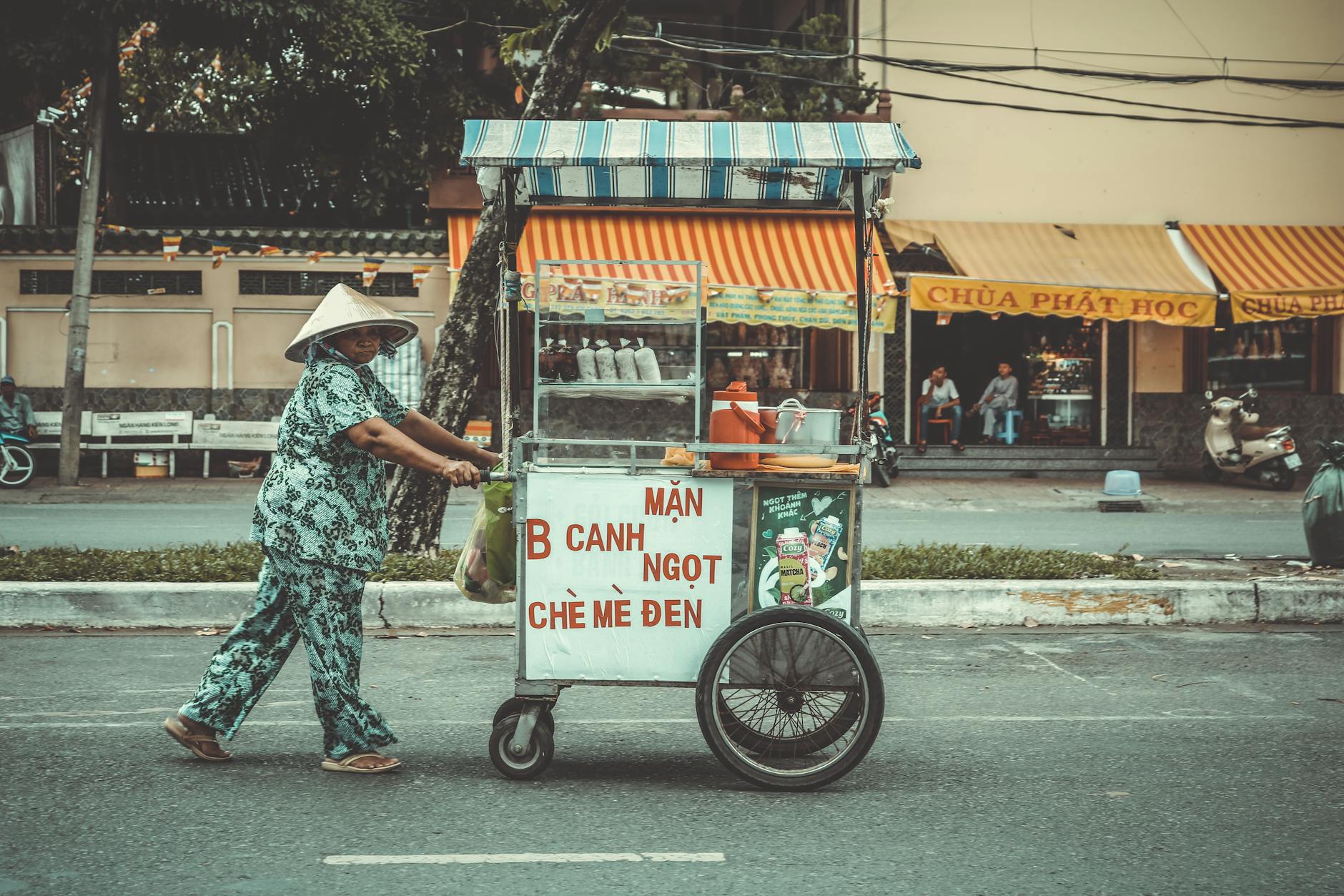 Vietnamese street vendor pushing a cart in urban town setting, showcasing local culture.