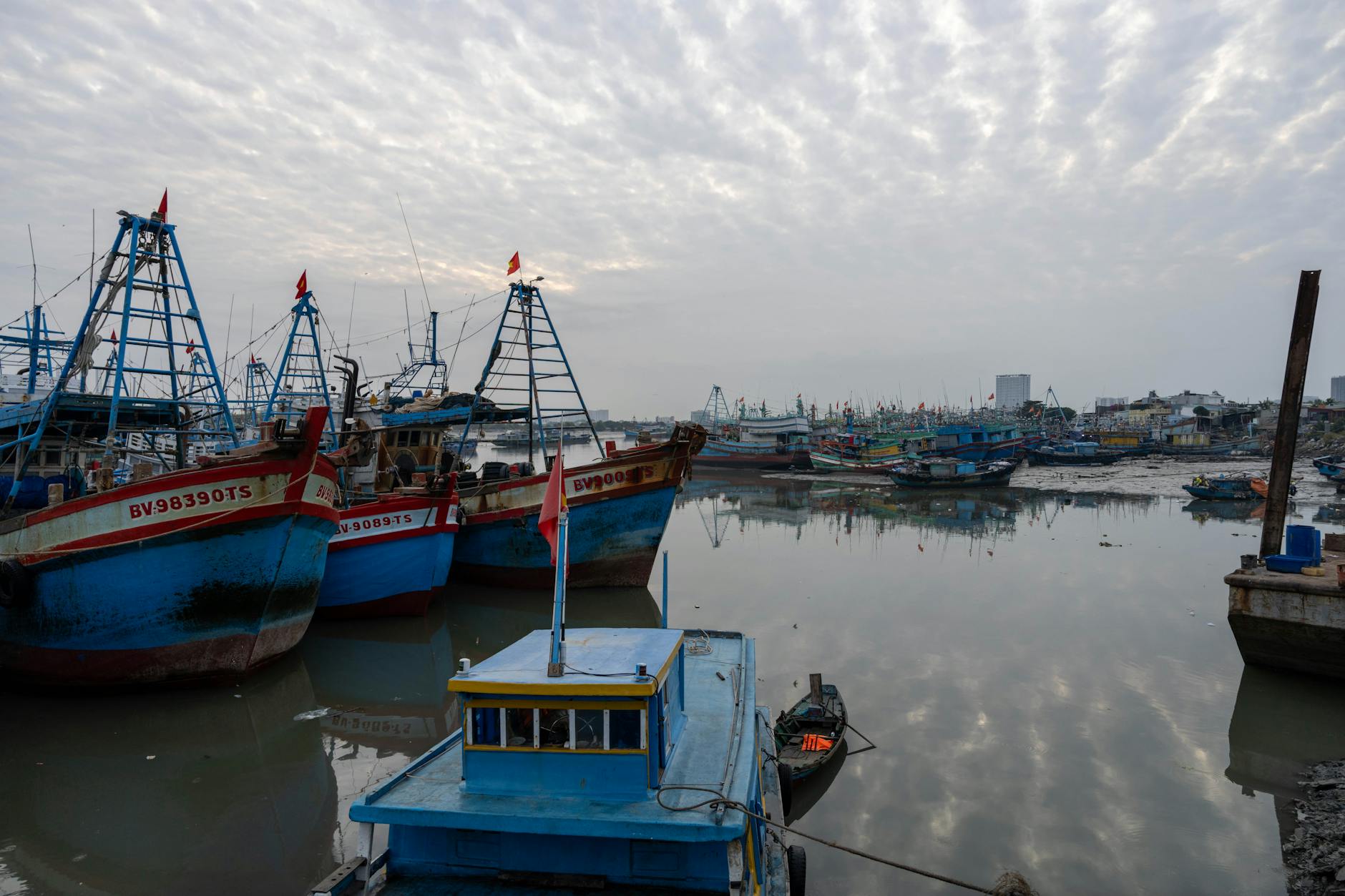 Vibrant fishing boats docked at Vũng Tàu harbor, Vietnam, reflecting in the calm water under an overcast sky.