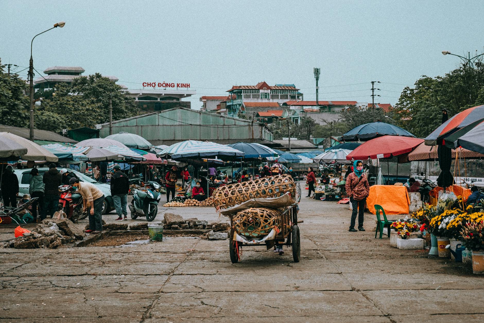 Lively urban market in Thành phố Lạng Sơn with vendors and colorful stalls, showcasing local culture.