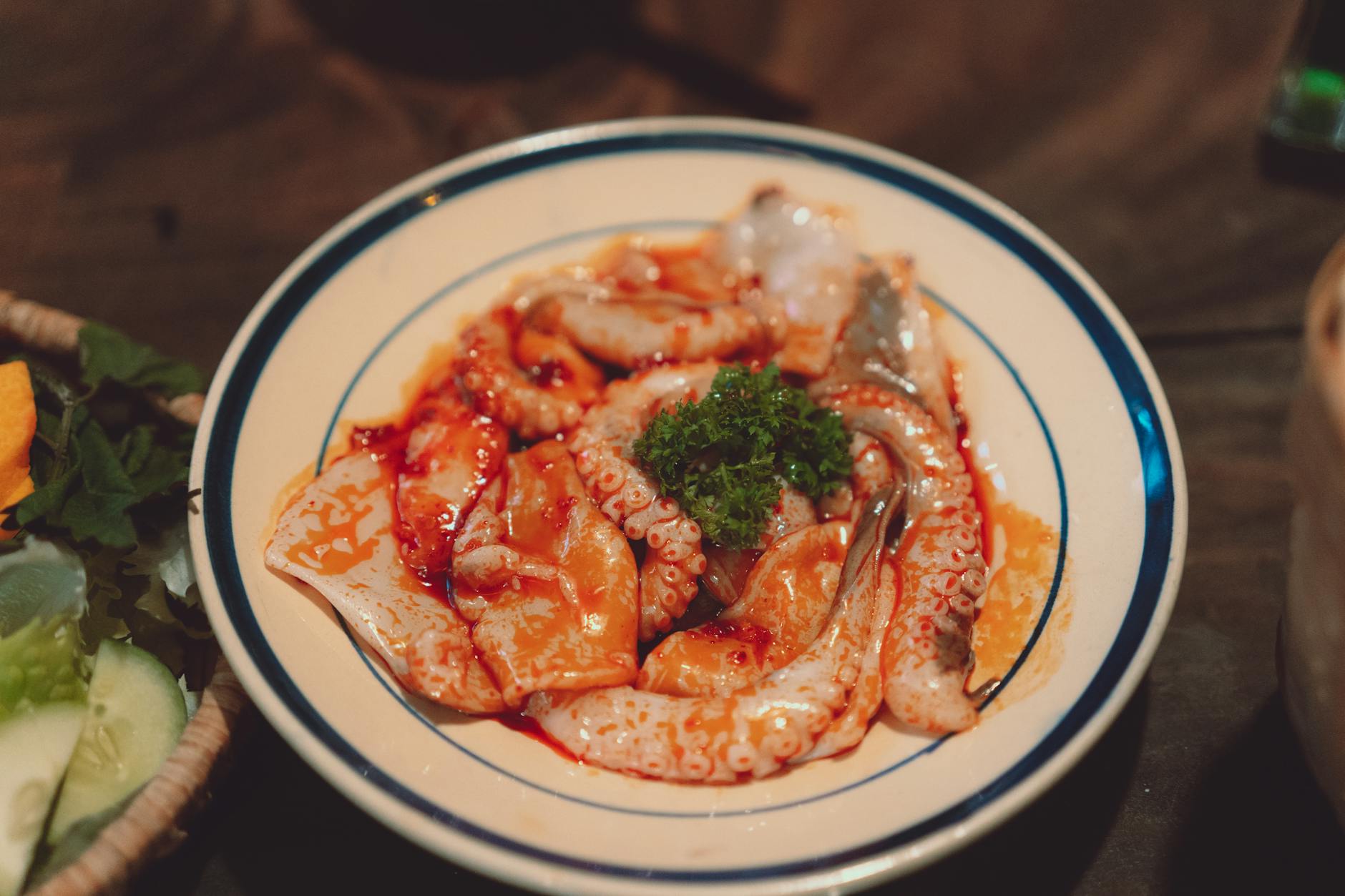 Close-up of a deliciously plated seafood dish featuring octopus in Dalat, Vietnam.