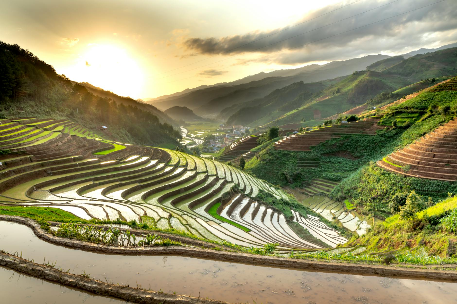Beautiful rice terraces in a mountainous landscape captured at sunrise, showcasing natural beauty.
