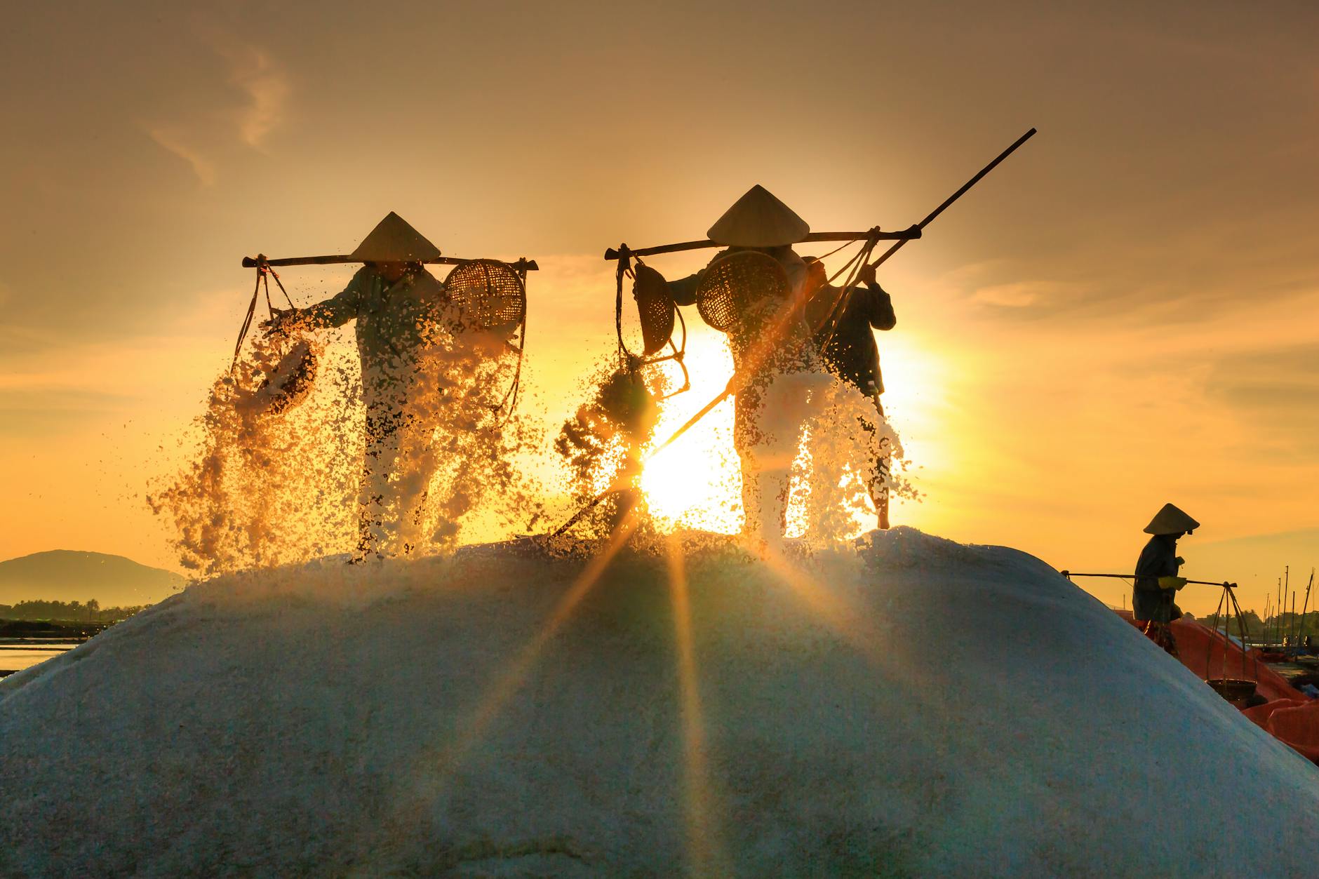 Silhouetted Vietnamese farmers harvesting salt at sunset in Thị xã Ninh Hòa.