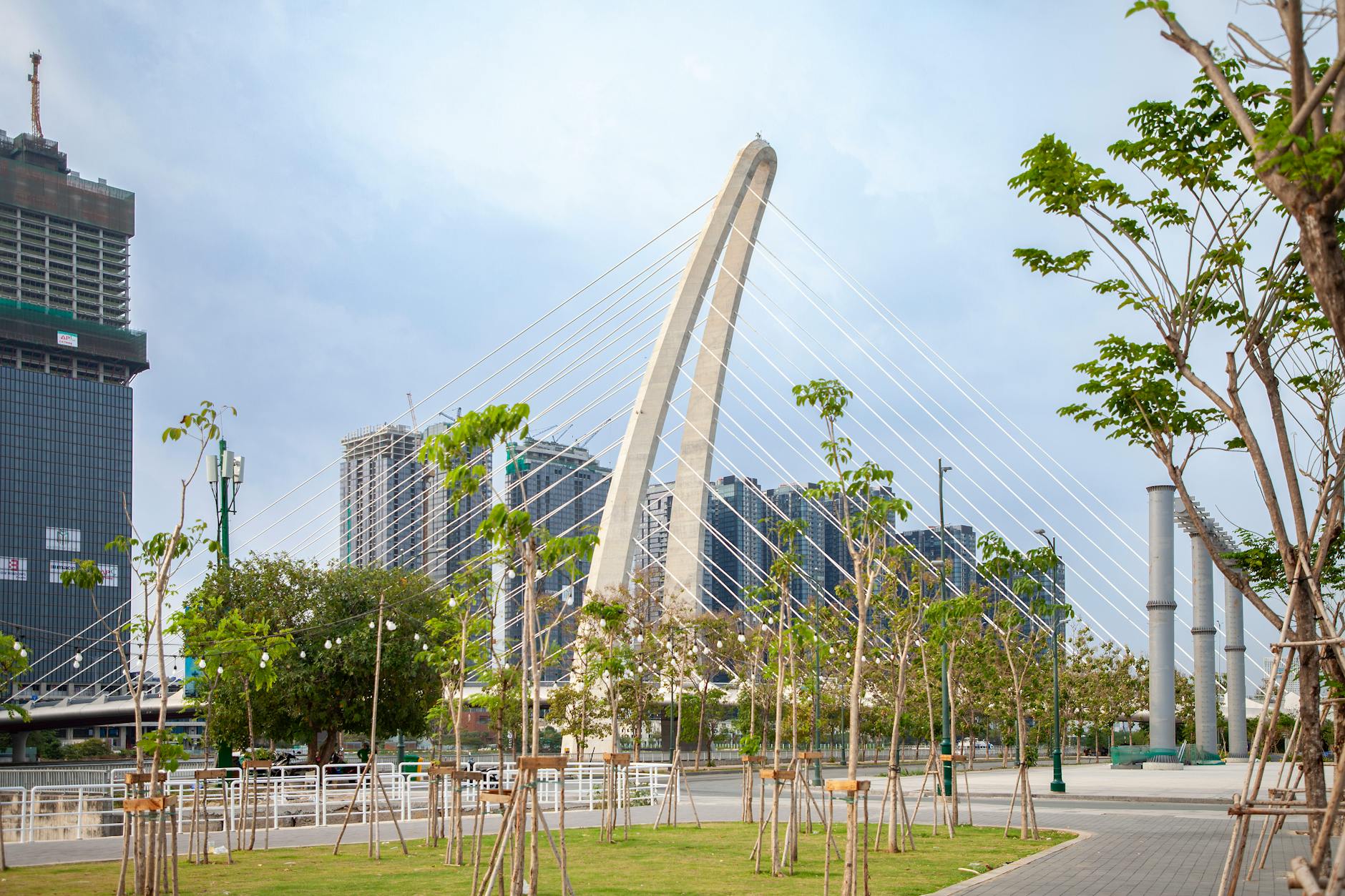 Stunning view of Thu Thiem 2 Bridge and surrounding urban landscape in Ho Chi Minh City, Vietnam.