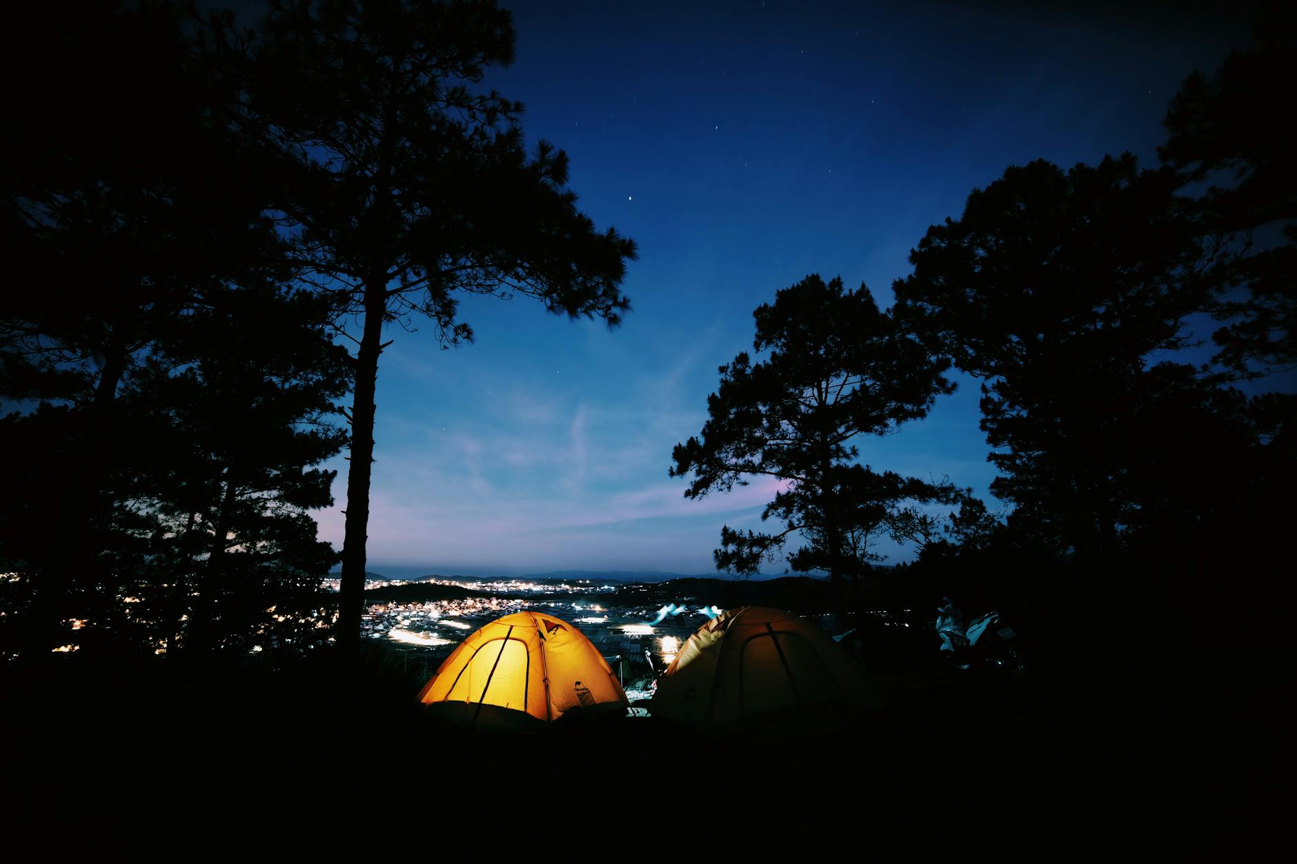Yellow tents nestled among trees under a starry night sky with a city view in the distance.