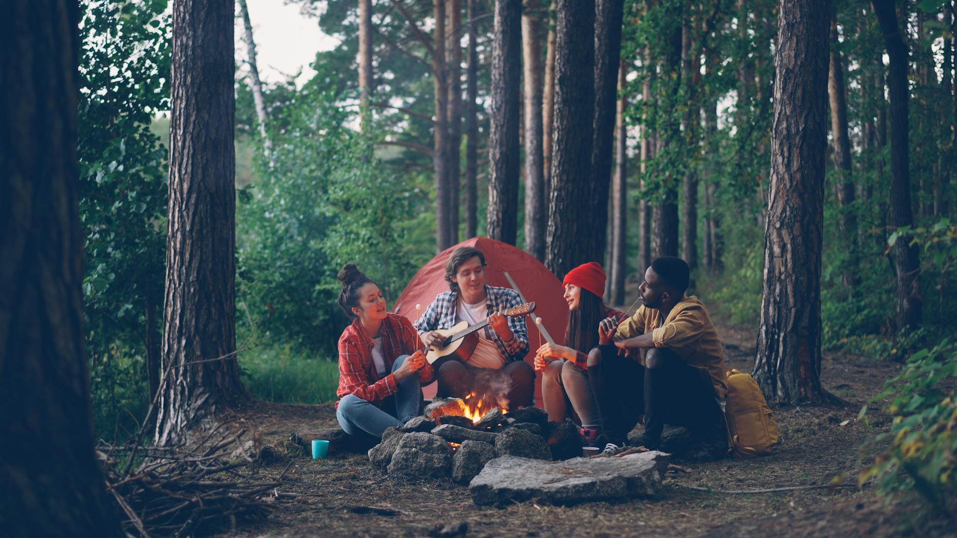 Group of young adults enjoying a campfire with guitar and snacks in a forest setting.