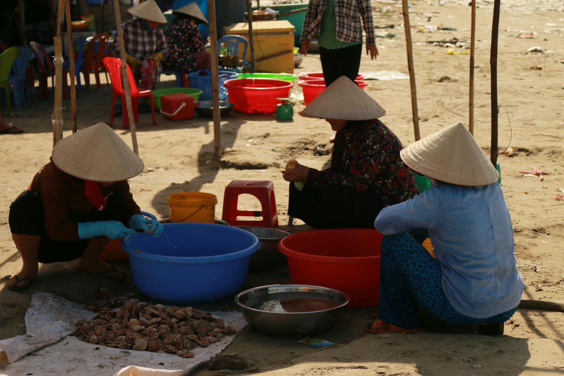 Vietnamese fishermen in conical hats sorting seafood at a beachside market.