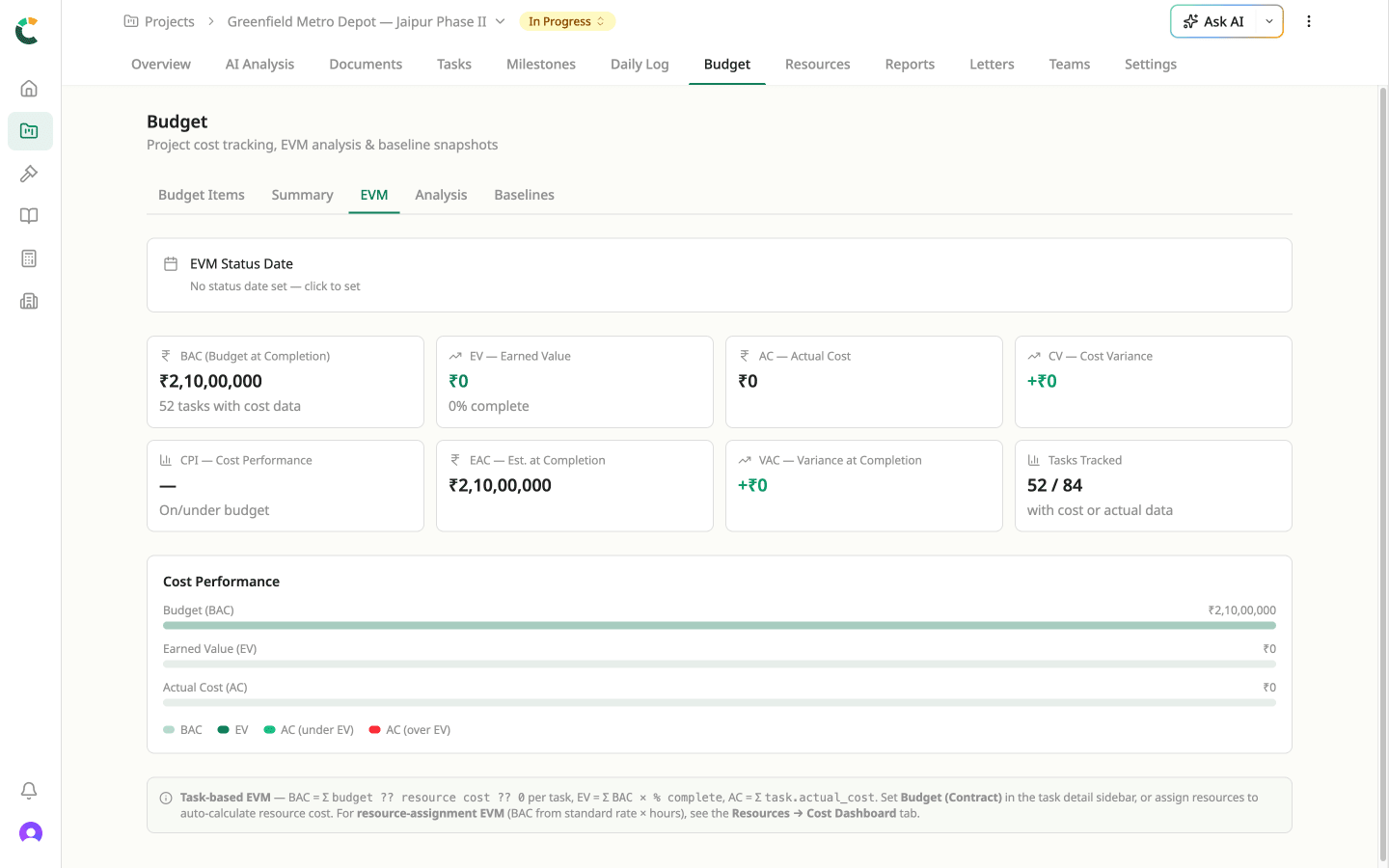 Budget EVM tab showing CPI, SPI, earned value, and variance metrics calculated from live project progress