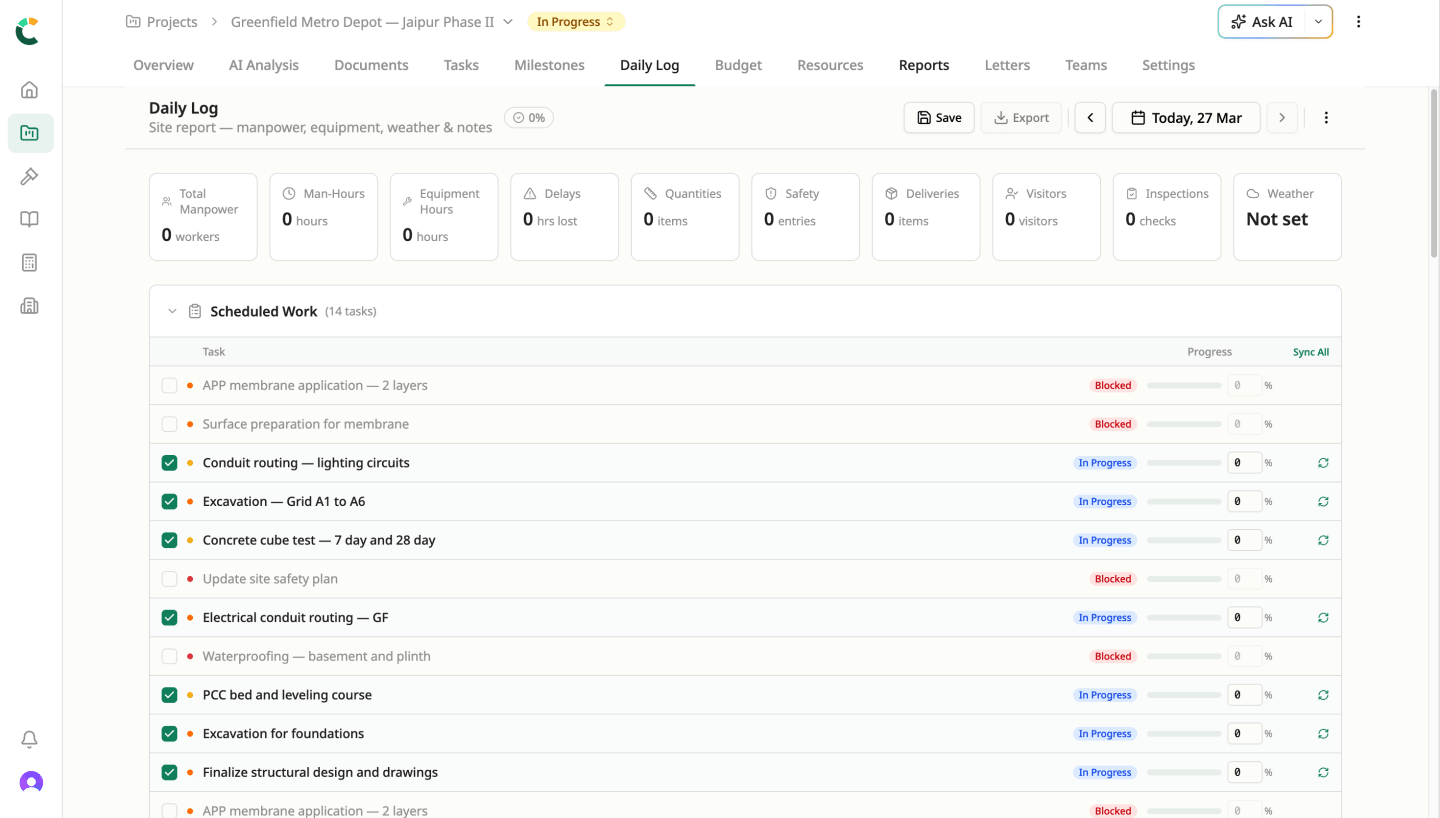 Daily log mobile interface showing manpower, equipment, weather, and quantity entry fields with live sync indicator