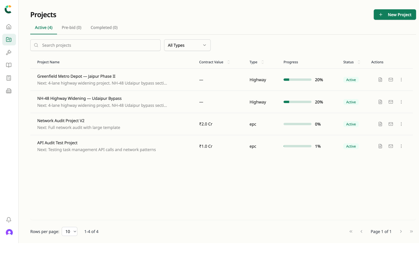 Projects list showing document repository created automatically from contract upload with organised folders for drawings, submittals, and correspondence
