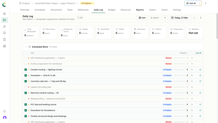 Daily log mobile interface showing manpower, equipment, weather entries