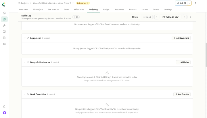 Daily log sections showing manpower, equipment, and quantity entry fields