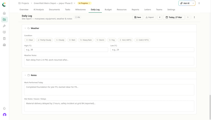 Daily log weather and notes section with submit confirmation