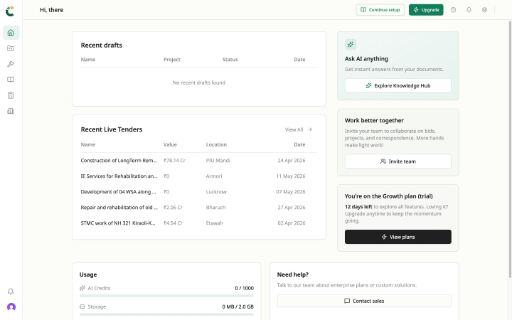Project dashboard showing document categories with drawings, submittals, and RFI counts