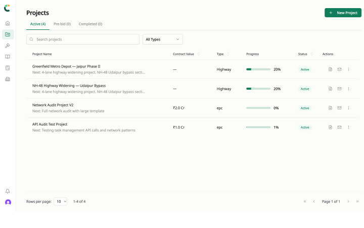 Projects list showing document repository created from contract upload