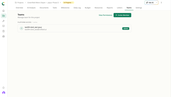 Team members page showing role-based document access with current revision indicators