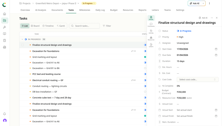 Task detail panel showing progress update and linked daily log entry