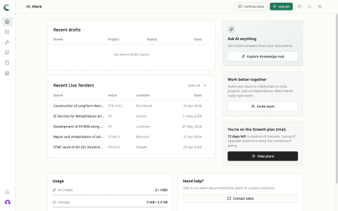 Home dashboard showing active project with team activity, schedule status, and budget health