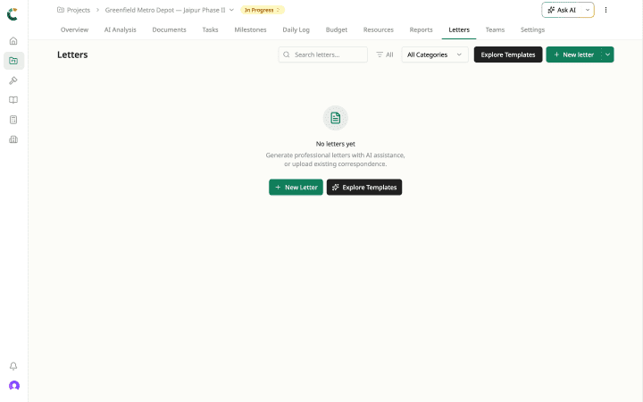 Letters management table showing AI-drafted formal correspondence with clause references
